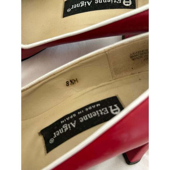 Vintage Etienne Aigner Women's Red White Daley Leather Peep Toe Heels Size 8.5 - Picture 3 of 9